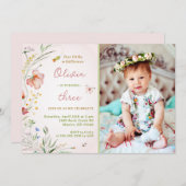 リトルワイルドフラワーフローラベビーガール誕生日写真 招待状 (正面/裏面)