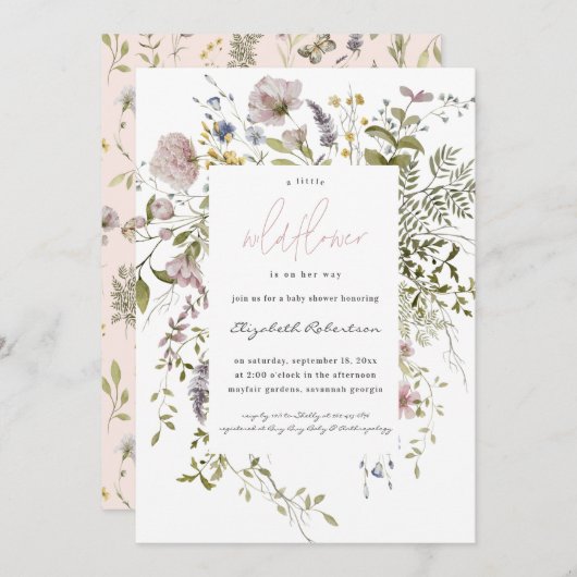 リトルワイルドフラワーフローラベビーシャワー 招待状 (正面/裏面)