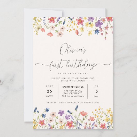 リトルワイルドフラワーフローラリース写真1st誕生日 招待状 (正面)