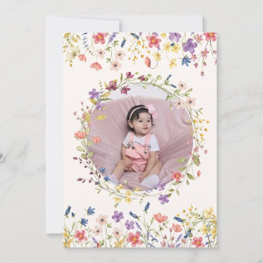 リトルワイルドフラワーフローラリース写真1st誕生日 招待状 (裏面)