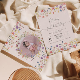 リトルワイルドフラワーフローラリース写真1st誕生日 招待状