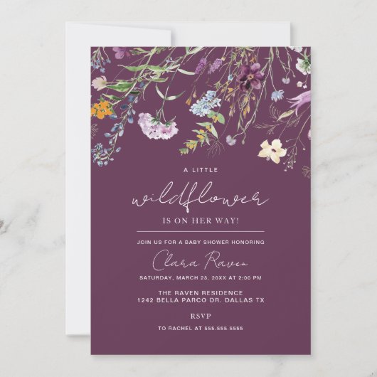 リトルワイルドフラワープラムパープルフローラ赤ちゃんシャワー 招待状 (正面)