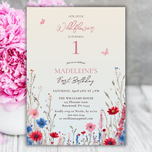 リトルワイルドフラワーベビーガール1st誕生日 招待状