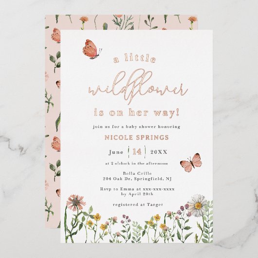 リトルワイルドフラワーベビーシャワーバラ金ゴールド 箔招待状 (正面/裏面)