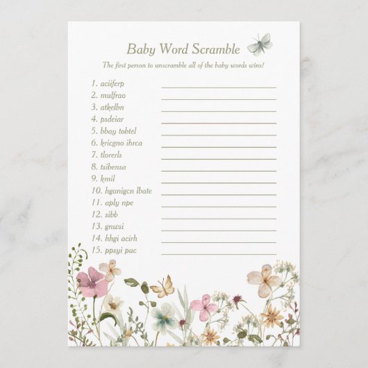 リトルワイルドフラワーベビー単語スクランブルゲームカード 招待状 (正面)
