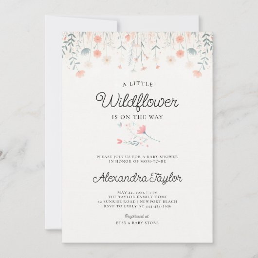 リトルワイルドフラワー小さなサンゴティール(緑がかった色)ベビーガールシャワー 招待状 (正面)