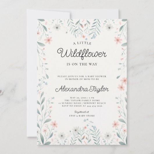 リトルワイルドフラワー小さなペリウィンクル赤ちゃん女の子シャワー 招待状 (正面)