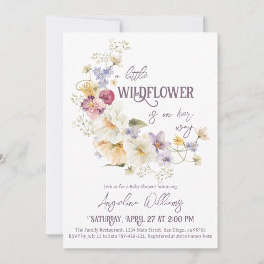 リトルワイルドフラワー素朴な紫の赤ちゃんシャワー 招待状 (正面)