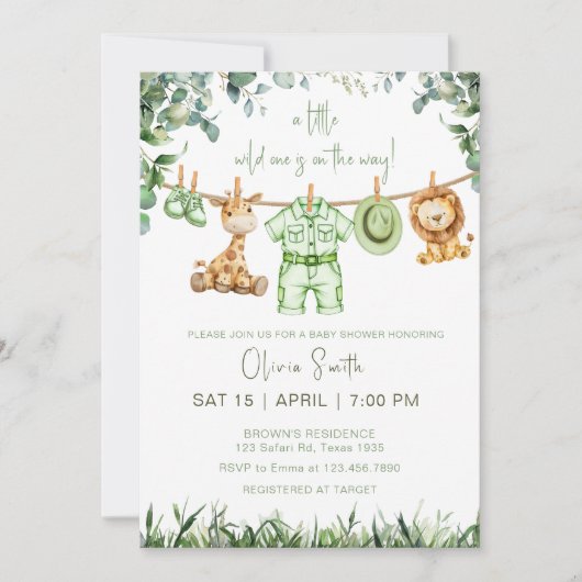 リトルワイルドワンサファリかわいい動物の赤ちゃんシャワー 招待状 (正面)