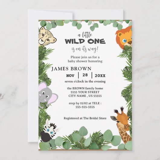 リトルワイルドワンサファリアニマルズボーイベビーシャワー 招待状 (正面)