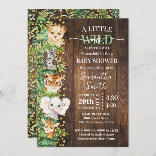 リトルワイルドワンサファリ素朴アニマルベビーシャワー 招待状 (正面/裏面)