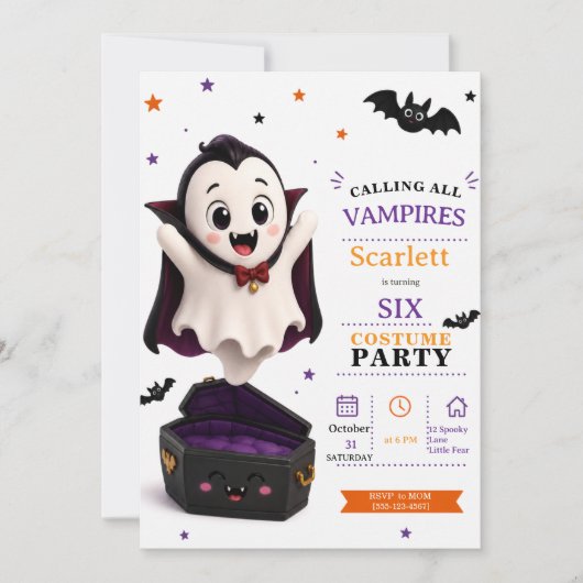リトルヴァンパイアコスチューム - パーティーハロウィン誕生日 招待状 (正面)
