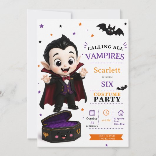 リトルヴァンパイアコスチューム - パーティーハロウィン誕生日 招待状 (正面)