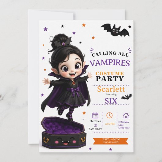 リトルヴァンパイアコスチューム - パーティーハロウィン誕生日 招待状 (正面)