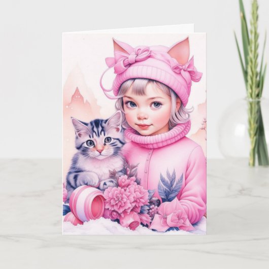 リトルヴィンテージガールと甘い子猫のクリスマス カード (正面)