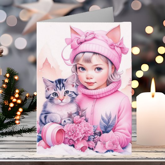 リトルヴィンテージガールと甘い子猫のクリスマス カード