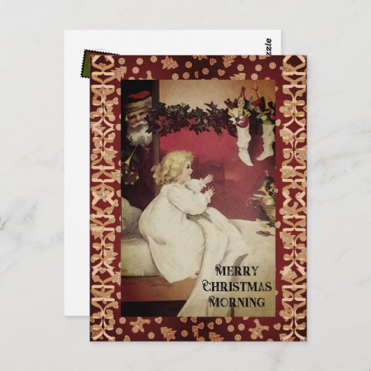リトルヴィンテージガールクリスマスモーニングサンタ ポストカード (正面/裏面)