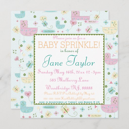 リトル乳母車ベビー散水 招待状 (正面/裏面)