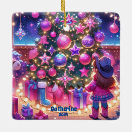 リトル女性のカーボーイが木の前に立っカスタムて セラミックオーナメント