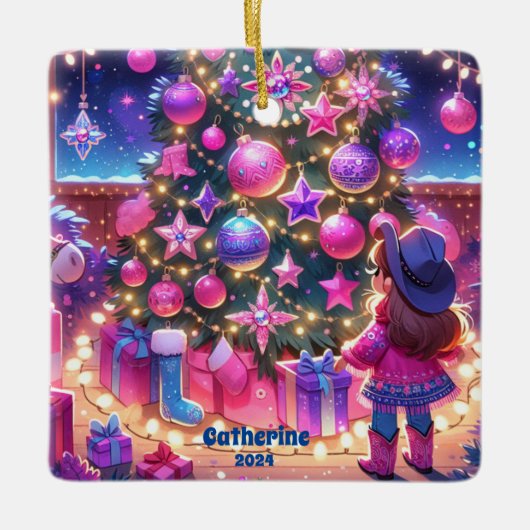 リトル女性のカーボーイが木の前に立っカスタムて セラミックオーナメント (正面)