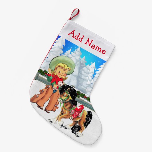 リトル女性のカーボーイとウマの冬の風景 スモールクリスマスストッキング (正面 (吊り時))