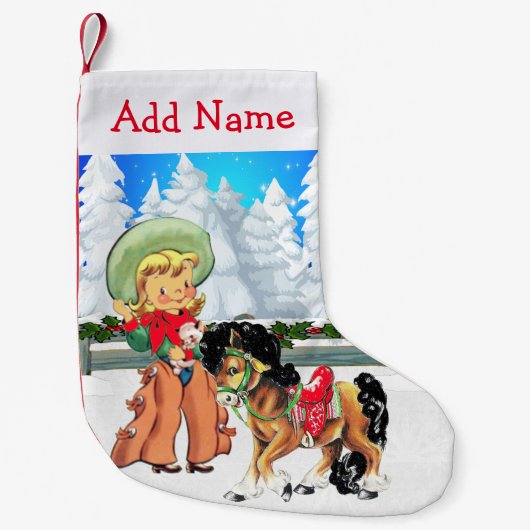 リトル女性のカーボーイとウマの冬の風景 スモールクリスマスストッキング (正面)