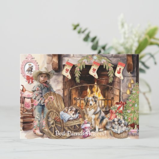 リトル女性のカーボーイと彼女のBFFureverホリデーカード シーズンカード (スタンド正面)