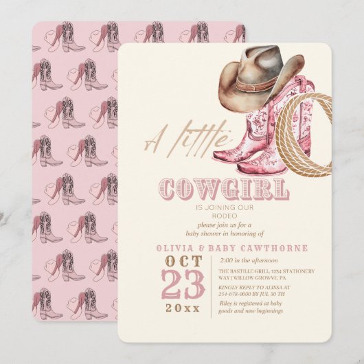 リトル女性のカーボーイウエスタンベビーガールシャワー赤面ピンク 招待状 (正面/裏面)
