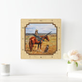 リトル女性のカーボーイオンウシホースイエロー スクエア壁時計 (ホーム)