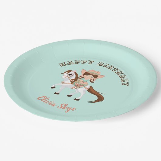 リトル女性のカーボーイオンホースガールズウェスタン誕生日 ペーパープレート (アングル)