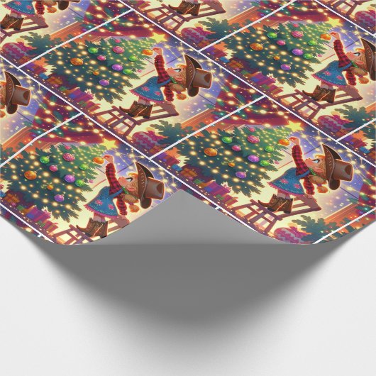 リトル女性のカーボーイオン飾チェアのクリスマスツリー ラッピングペーパー (角)