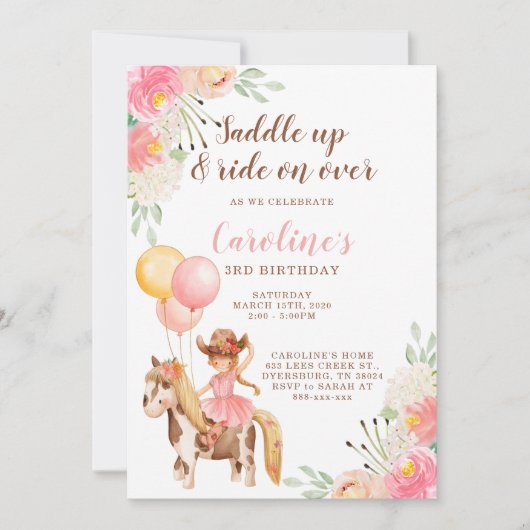 リトル女性のカーボーイサドルアップ誕生日招待状 案内状 (正面)