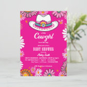 リトル女性のカーボーイピンクのレトロなデイジーの赤ちゃんシャワー 招待状 (スタンド正面)