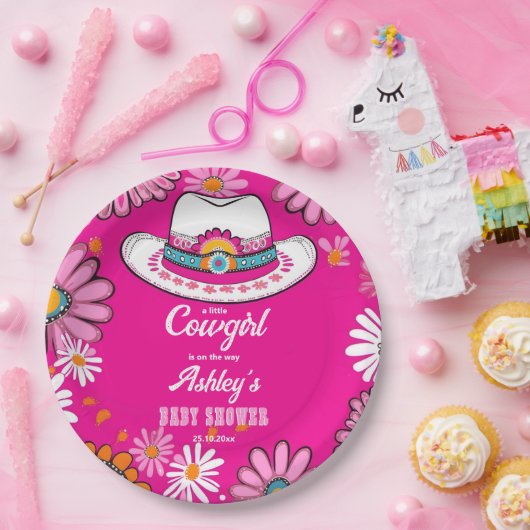 リトル女性のカーボーイピンクのレトロなデイジーハビーブシャワー ペーパープレート (パーティー)