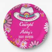 リトル女性のカーボーイピンクのレトロなデイジーハビーブシャワー ペーパープレート (正面)