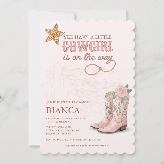 リトル女性のカーボーイピンクベビーシャワー招待状 招待状 (正面)