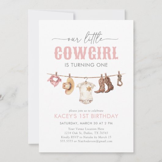 リトル女性のカーボーイピンク1歳の誕生日 招待状 (正面)