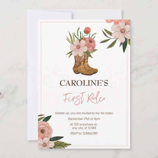 リトル女性のカーボーイファースト・ロデオ1歳の誕生日 招待状 (正面)