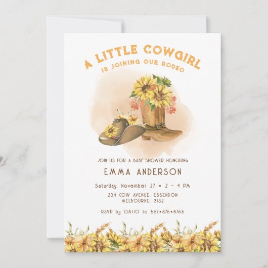 リトル女性のカーボーイブーツベビーシャワー招待状 招待状 (正面)