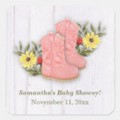 リトル女性のカーボーイブーティベビーシャワーホワイトウッド スクエアシール (正面)