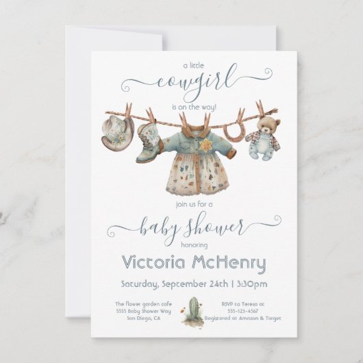 リトル女性のカーボーイベビーガールクロースレインベビーシャワー 招待状 (正面)