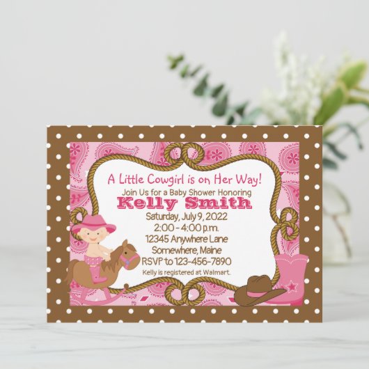 リトル女性のカーボーイベビーシャワー招待状 招待状 (スタンド正面)