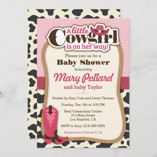 リトル女性のカーボーイモダンガールベビーシャワー招待状 招待状 (正面/裏面)