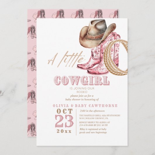 リトル女性のカーボーイロデオベビーガールシャワー 招待状 (正面/裏面)