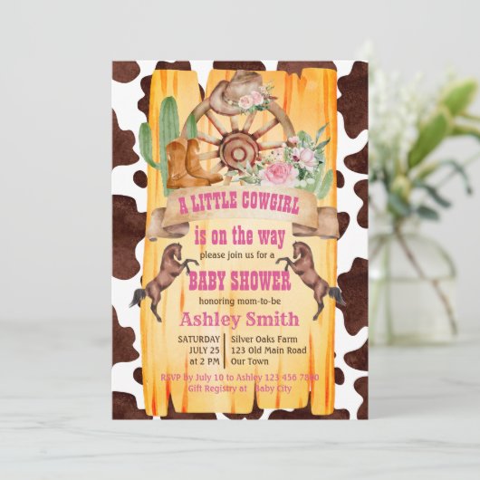 リトル女性のカーボーイロデオ馬の西ベビーシャワー 招待状 (スタンド正面)