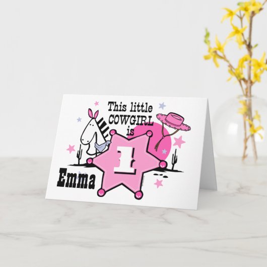 リトル女性のカーボーイ第1誕生日カード カード (黄色い花)