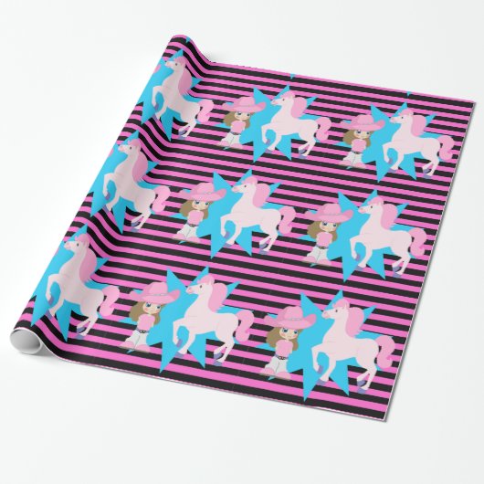 リトル女性のカーボーイ茶色の髪と馬任意の場合 ラッピングペーパー (アンロールド)