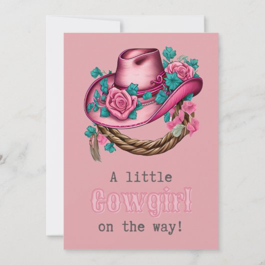 リトル女性のカーボーイ西ピンクハットフローラベビーシャワー 招待状 (裏面)