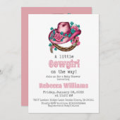 リトル女性のカーボーイ西ピンクハットフローラベビーシャワー 招待状 (正面/裏面)