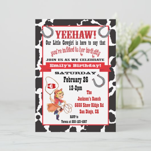 リトル女性のカーボーイ誕生日パーティーの招待 招待状 (スタンド正面)